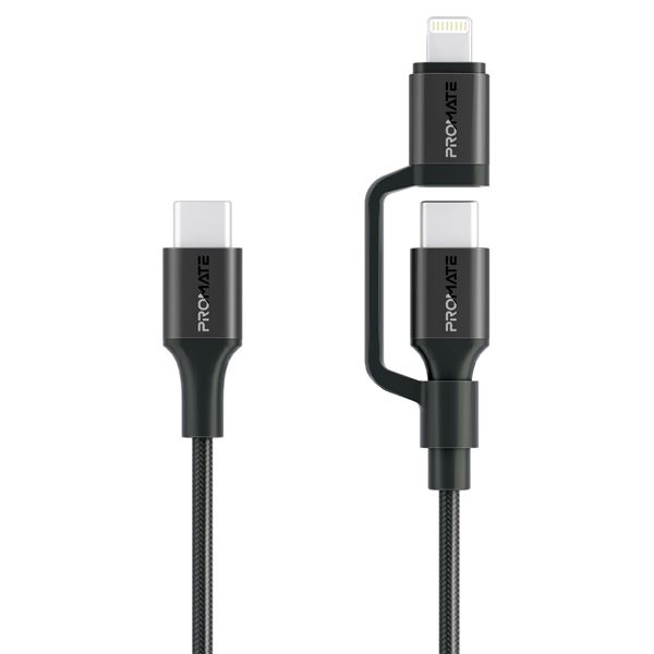 PROMATE 1.2m 60w MFi Certified 2-in-1 USB-C Sync & Charge Cable. Includes 1x USB-C and 1x Lightning Connectors. USB-C to Lightning 27w, USB-C to USB-C 60w, Black Colour