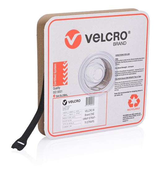 VELCRO One-Wrap 25mm x 300mm Pre-sized Ties. 75 Ties per Roll. Integrated Hook & Loop. Easy Adjustable & Strong. Re-usable. Easy Cable Management. Black Colour