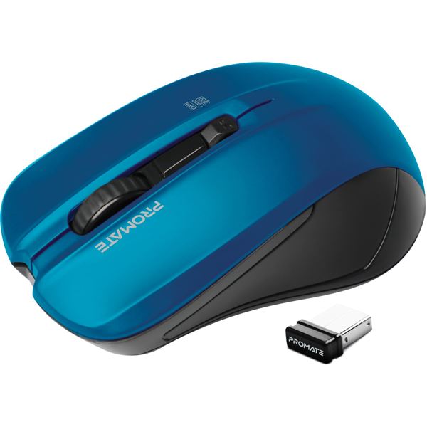 PROMATE Ergonomic Wireless Mouse with Ambidextrous Design. 800/1200/1600Dpi, 10m Working Range, Incudes Nano Reciever, Easy Plug & Play, Compatible with Win & Mac. Blue Colour.