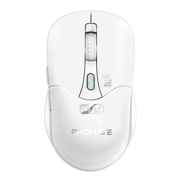 PROMATE Rechargeabl Wireless Mouse with BT & RF Connectivity. 800/1200/1600Dpi. Built-in 500mAh Battery. Range Up to 10m. 50cm Charging Cable. USB-C Port. 6x Fully Fuctional Buttons. White