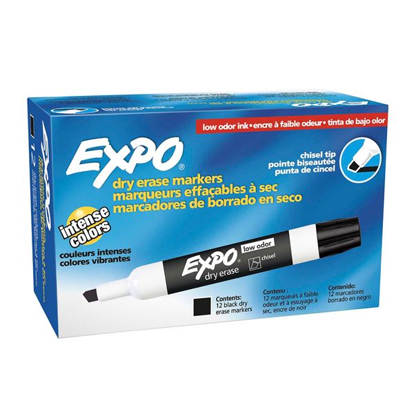 EXPO Dry Erase Markers Chisel Tip. 12-Pack. Black Colour. Bright, Vivid, Non-toxic Ink. Quick Drying. Smear-proof. Erases Cleanly & Easily with Cloth.