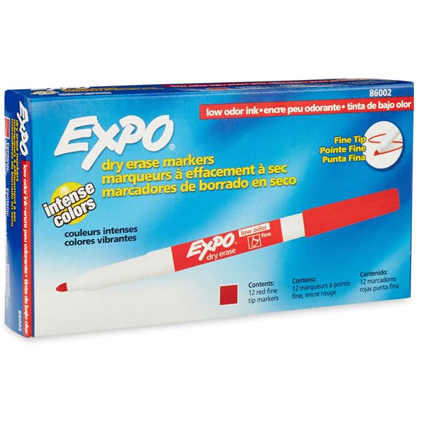EXPO Dry Erase Markers with Fine Point Tips 12-Pack. Red Colour Bright, Vivid, Non-toxic Ink. Quick Drying. Smear-proof. Erases Cleanly & Easily with Cloth.