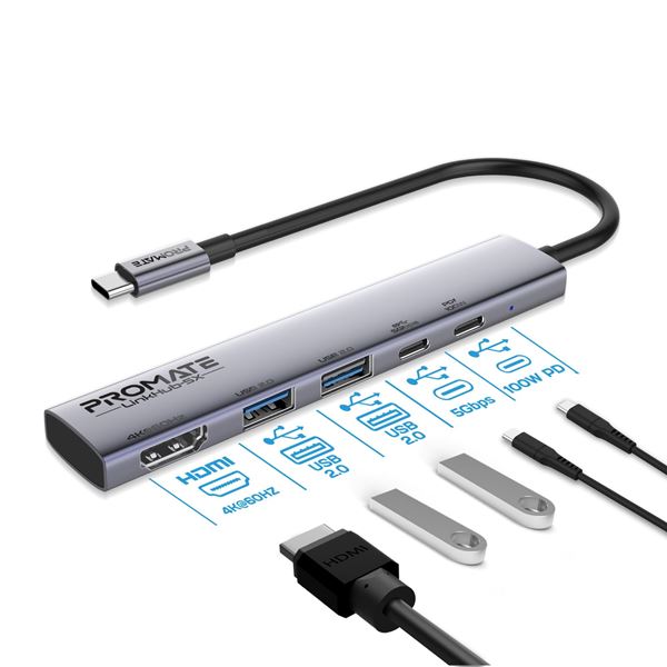 PROMATE 5-in-1 Multi-Port 100W PD Compact Hub with USB-C Connector. Includes 2x USB-A 10Gbps Ports & 2x USB-C 10Gbps Ports, 1x HDMI Port, Compatible with both Win & Mac OS & OTG Devices. Grey Colour