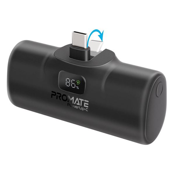 PROMATE 5000mAh Ultra Compact 20W Power Bank with Built-in USB-C Foldable Connector. Kick Stand. USB-C In/Out. LED Battery Display. Automatic Voltage Regulation. Black Colour.