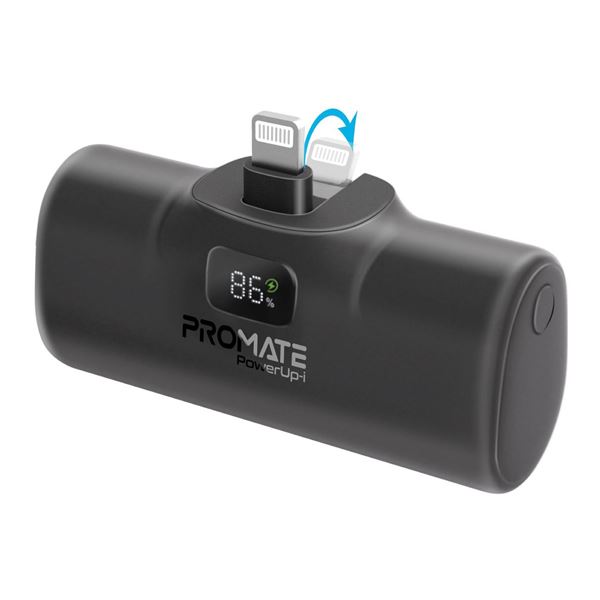 PROMATE 5000mAh Ultra Compact 20W Power Bank with Built-in Lightning Foldable Connector. Kick Stand. USB-C In/Out. LED Battery Display. Automatic Voltage Regulation. Black Colour.