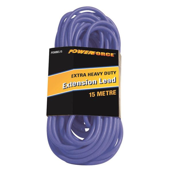POWERFORCE 15m 15A Extra Heavy Duty Power Extension Lead. 3 Core 1.5mm Cable  Power-On LED in Clear Moulded Plastic 15A Plug. Blue Colour.