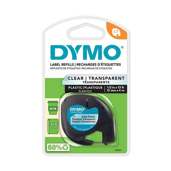 DYMO Genuine LetraTag Labeller Plastic Tape 12mm x 4M. Black on Clear,  Tear-resistant. 1 label cartridge /cassette per pack. Clear Plastic, Adhesive Tape (Polyester).