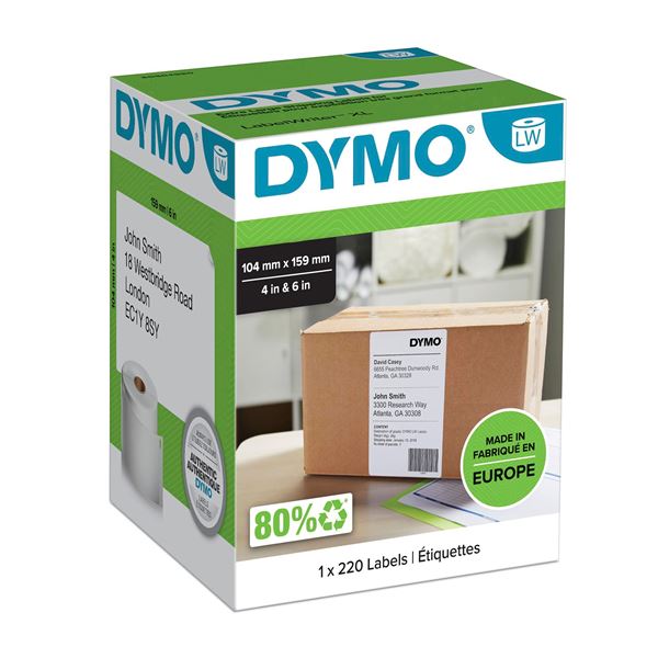 DYMO Genuine LabelWriter High Capacity Shipping Labels. 104mm x 159mm. Designed specifically for the LabelWriter 4XL. The ideal solution for high volume, high impact labeling.