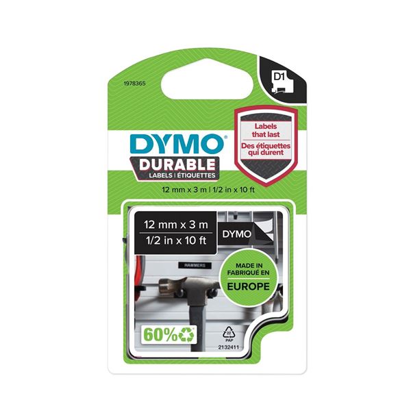 DYMO Genuine D1 Extra-Strength Durable Labels. 12mm x 3m white on Black. Stronger than standard D1 labels. Dishwasher safe, Extra strength adhesive, Chemical, solvent, oil, & water resistant.