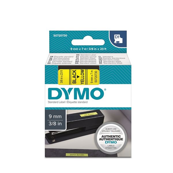 DYMO Genuine D1 Label Cassette Tape 9mm x 7M,  Black on Yellow Suitable for the Label  Manager and LabelWriter Duo label makers