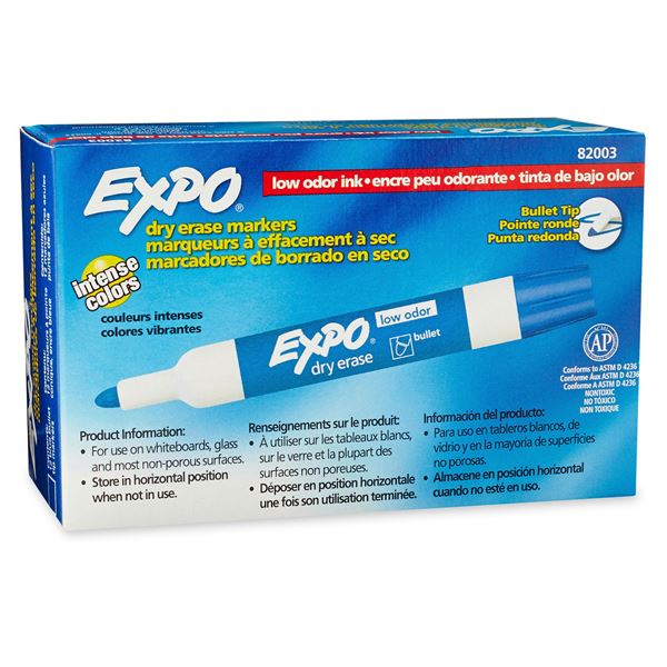 EXPO Dry Erase Markers Bullet Marker 12-Pack. Blue Colour. Bright, Vivid, Non-toxic Ink. Quick Drying. Smear-proof. Erases Cleanly & Easily with Cloth.