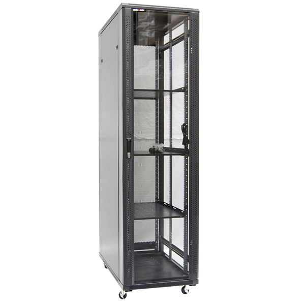 DYNAMIX 45RU Server Cabinet 600mm Deep (600 x 600 x 2210mm). Includes 3x Fixed Shelves, 4x Fans, 25x Cage Nuts, 4x Castors & 4x Level Feet. 1000kg static load Glass front door mesh rear door. 6-Way PDU installed
