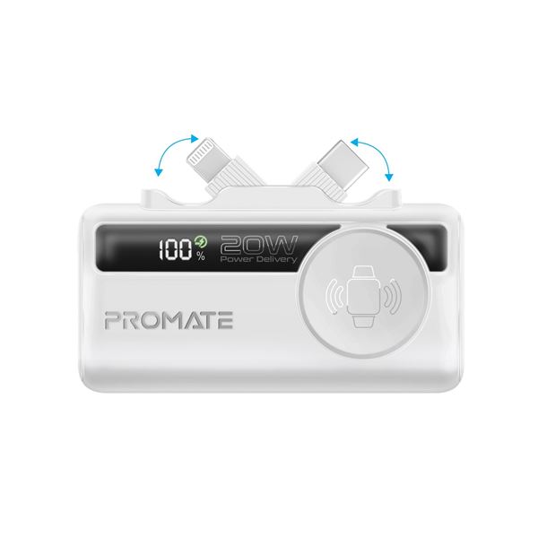 PROMATE 5000mAh Ultra-Compact Fast Charging Power Bank with In-Built Dual Folding USB-C & Lightning Connectors & Apple Watch Charger, Supports 20W PD, USB-C In/Out, Smart LED Battery Indicator. White