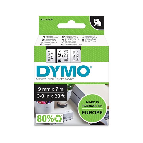 DYMO Genuine D1 Label Cassette Tape 9mm x 7M, Black on Clear Suitable for the Label  Manager and LabelWriter Duo label makers