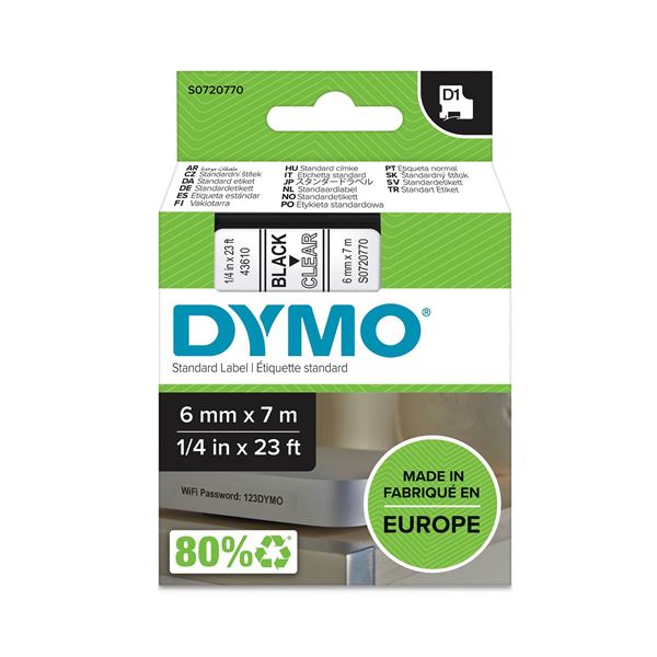 DYMO Genuine D1 Label Cassette Tape 6mm x 7M, Black on Clear Suitable for the Label  Manager and LabelWriter Duo label makers
