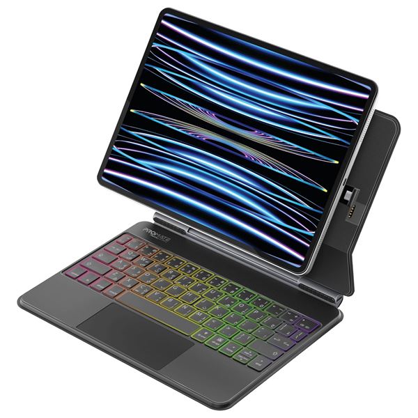 PROMATE Folio Touch Wireless iPad Keyboard Case with RGB Backlight & Smart Connector. Multi-Gesture Trackpad, Ultra-Slim, Snap & Play, Includes 79cm Cable, Quiet Keys.