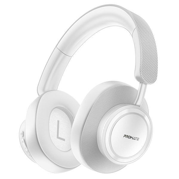 PROMATE HiFi Stereo Wireless Over Ear Ergonomic Headphones. Up to 12 Hours Playing Time, 400mAh Battery, Soft Fabric 3D Earmuffs for Extended Comfort, Aux Support, Effortless Button Control, White.