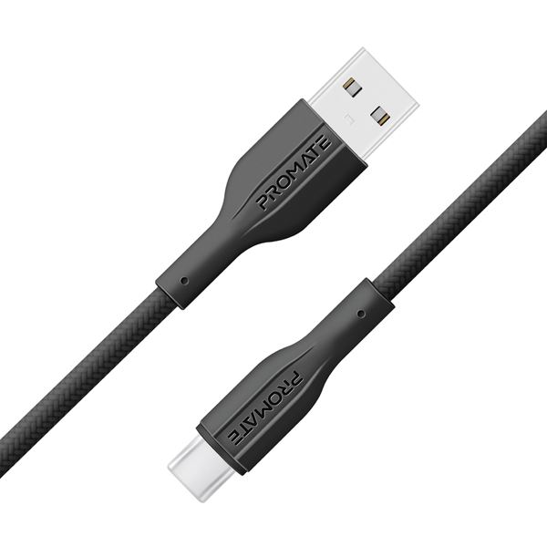 PROMATE 2M USB-A to USB-C Super Flexible Cable. Supports 2A Charging & 480Mbps Data Transfer. Black Colour.