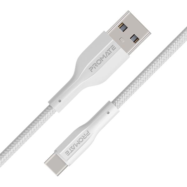 PROMATE 2M USB-A to USB-C Super Flexible Cable. Supports 2A Charging & 480Mbps Data Transfer. White Colour.