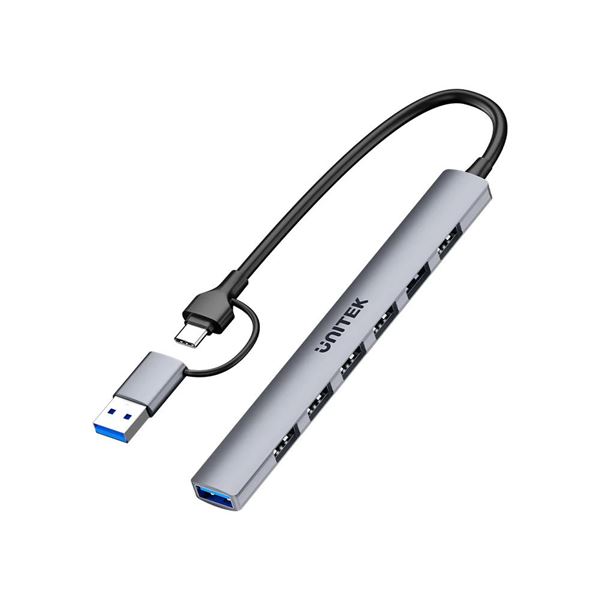 UNITEK 7-in-1 USB Multi-port Super Slim Hub with USB-C & A Connectors. Includes 6x USB-A 480Mbps Ports & 1x USB-A 5Gbps Port, Plug & Play, Space Grey Colour.