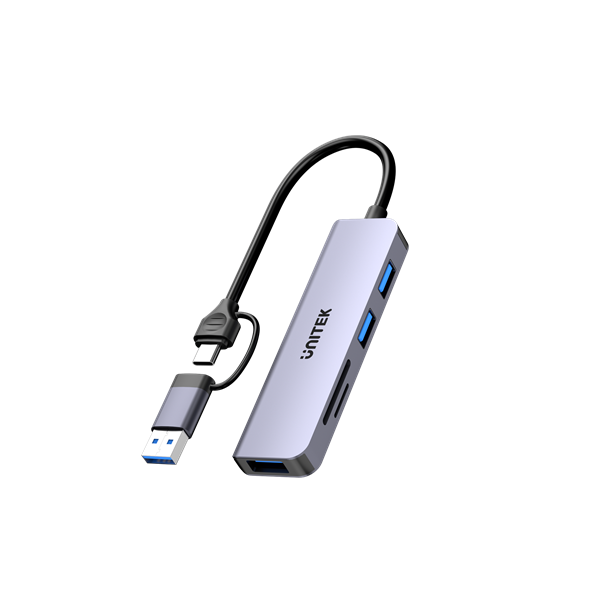 UNITEK 5-in-1 5Gbps USB Multi-Port Hub with USB-C/A Connector. Includes 3x USB-A Ports & SD Card. 5Gbps Data Transfer Speed, Premium Aluminum Design, Universal Compatibility, Space Grey Colour.
