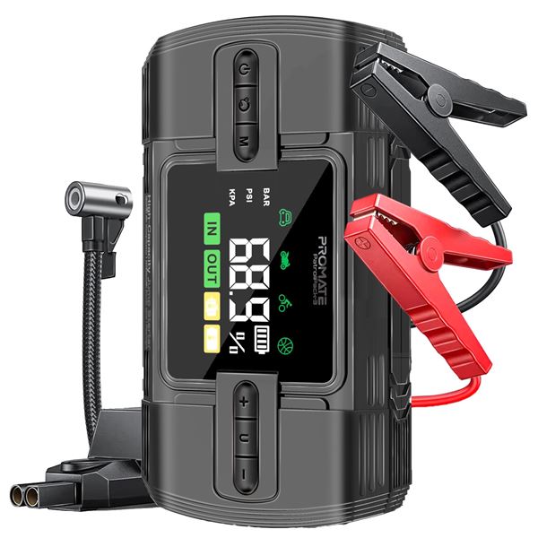 PROMATE 4in1 1200A/12V Heavy Duty Car Jump Starter & Air Compressor 12000mAh Power Bank, 150PSi Air Compressor, 270lm LED Torch, Includes Smart Clamps, Built Tough, 2x USB-A Ports. LCD Screen