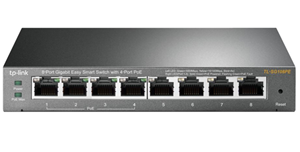 8-Port Gigabit Desktop PoE Easy Smart Switch, 8 Gigabit RJ45 ports including 4 PoE ports, 55W PoE Power supply, MTU/Port/Tag-based VLAN, QoS, IGMP Snooping, steel case</br>