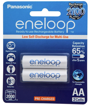 Pre-charged. Rechargeable up to 2,100 times. Holds 70% charge after 5 years of storage.