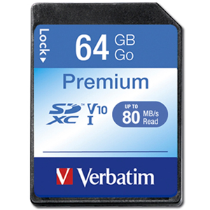 Fast class 10, 64GB, Ultra Compatible, Verbatim SDXC Cards are designed to be used in compatible digital cameras, portable music players, camcorders, smart phones, PC's or other consumer applications. SDXC Cards use a FAT32file system, a specification that was established for applications with higher capacity needs and are especially suitable for high-quality video.