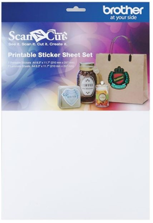 Printable Sticker Sheet Set, This is a consumable item to create printable sticker projects for use with Brother ScanNCut machine and the Printable Sticker Kit (both sold separately). Includes: 7 Printable Stickers A4 8.3" x 11.7" (210 mm x 297 mm); 7 Laminate Sheets A4 8.3" x 11.7" (210 mm x 297 mm). Do not use with a printer model incompatible with label sheets.