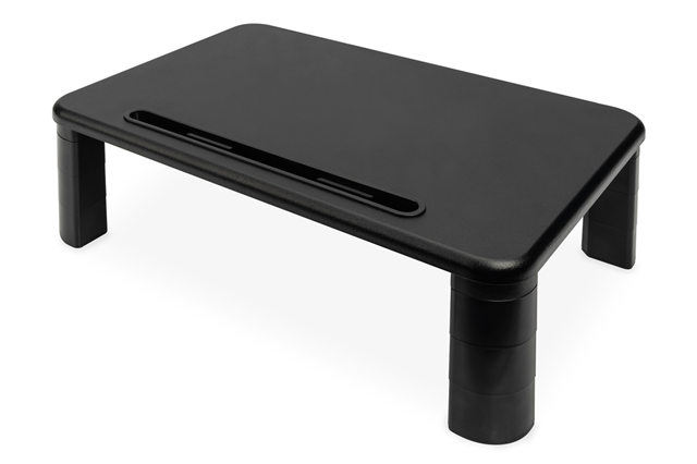 Dimension: 435x330x168mm, Weight capacity: 10Kg, Material: Plastic, Modular Multi-Purpose Stand with 3 adjustable heights, Raise your monitor to eye level increase viewing comfort, Front Slot: holds most tablets and phones, Side Slot: for small office supplies etc. Fully Detachable Modular Design: ensures easy installation, Non-Skid Foam Pads: protect work surface from scratches or scuffs, Cable Management: keeps everything organized, Black
