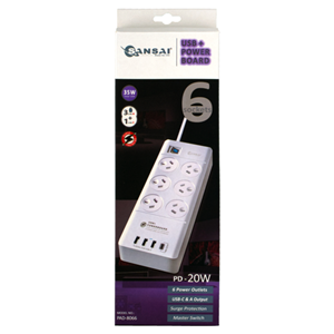 Surge protected with master switch, Overload protection, 3 x USB Type-A and 1x USB Type-C Charging Ports (Max 4.2A/21w, up to 2.4A per port), 1 metre cable with right angle plug, 240V AC, Max Load 10A 2400 Watts