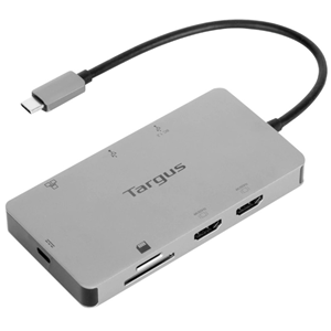 Supports up to dual 4K UHD@ 60Hz* monitors via two HDMI 2.0 ports</br>USB-C Alt. Mode 7-inch host cable supports PD Pass-Thru Fast Role Swap** up to 100W***</br>2 USB 3.2 Gen 1 Type-A ports (1 fast charging)****</br>1 SD and 1 Micro SD slots supporting Secure Digital v3.0 UHS-I</br>1 Gigabit Ethernet port</br>High Dynamic Range (HDR) capable</br>Windows, macOS, Chrome OS,  iPadOS, Linux, Samsung DeX compatible</br>2-year warranty</br>* HDMI ports support USB-C DP Alt Mode and requires compatible USB-C DisplayPort Alternate Mode host. Supports (2) independent screens in Windows or Chromebook, (1) in iPadOS and (1) in macOS (or dual mirror) ** Requires compatible PD 3.0 host *** USB-C PD power adapter is not included **** Supports BC 1.2 at 1.5A charging (when USB-C power pass-thru port and laptop are connected)</br>USE NB4184 - TARGUS 100W USB-C PD CHARGER