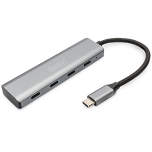 With the DIGITUS USB-C 4-Port Hub, you can extend your existing notebook by 4 additional USB-C ports. Use up to four additional USB devices, such as hard drives or USB sticks, on your notebook. Thanks to its slim design, the 4-port hub is an ideal companion on trips, but is also indispensable in home and office.</br>