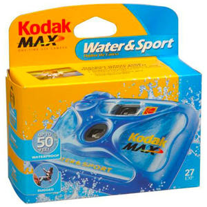 KODAK Water & Sport Single Use Camera</br></br>Survives where your regular camera won’t!</br>Waterproof, rugged, durable, shock-proof rubber shell</br>Great for bumpy rides and rocky trails. Roller coaster anyone?</br>Sunscreen and scratch resistant lens</br>No blurry pictures from sunscreen smudges.</br>Avoid scratches from sand and snow that can ruin pictures.</br></br>Clearest, sharpest pictures!</br></br>Note: this camera is for outdoor use only and does not have a flash built in</br></br>Loaded with KODAK ULTRA MAX 800 speed, 27 exposure film for cleaner, sharper pictures than any underwater camera.</br></br>For outdoor and daylight use only