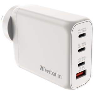 Verbatim’s 100W GaN Wall Charger consolidates multiple chargers into one, combining two USB-C PD 100W ports, one USB-C PD 65W port and one USB-A QC 3.0 port in a sleek, palm sized design. Ideal for the office, home or travelling to power your laptop, tablet, smartphone, gaming devices, and more. Constructed with 95% post-consumer recycled plastic housing and comes with 100% plastic-free packaging</br></br>Charge 4 devices simultaneously</br>Compact size: 110 x 61 x 49mm</br>Maximum output of 100W</br>3 x USB-C PD 3.0 ports & 1 x USB-A QC 3.0 port. PD1/PD2 ports support up to 100W, and PD3 supports up to 65W, when used alone. PD1 maintains a minimum 45W or maximum up to 65W, when being used with other ports and provides stable & fast charging for most notebooks & tablets.</br>95% Recycled Plastic Housing 100% Plastic-Free Packaging</br>Over Current, Over Voltage, Short Circuit, Over Temperature protection</br></br>