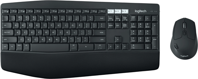 Wireless Desktop Kit, Unifying Receiver, Bluetooth, Easy Switch Keys, Full Size Keyboard, Mouse: 1x AA Battery (Included), Keyboard: 2x AAA Batteries (Included), Up to 24 month mouse battery life, up to 36 month keyboard battery life, Spill Resistant, Logitech Flow & Duolink