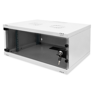 The 483 mm (19”) network cabinets for wall installation from the SOHO series are delivered unassembled using a flat pack to optimize costs. Available in four rack units and equipped with a full glass door as well as a cable entry with brushes in the roof and floor, this is the perfect product for subdividing or building up a small to medium-sized network. Two pairs of galvanized 483 mm (19”) profile rails labeled with easy-to-read rack units are installed on the inside. Their depth can be adjusted. Each cabinet is made of up to 1.5 mm thick sheet steel. Coloring is done with electrostatic powder coating in the standard colors gray (RAL 7035) or jet black (RAL 9005). The door hinges can be switched. Installation takes just a few steps and is extremely easy thanks to the step-by-step instructions included.