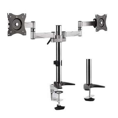 BRATECK 13"-27" Dual Monitor Desk Mount. Max load 8kg per arm. Extend, Tilt and Swivel. Max Arm Extension - 792mm. VESA 75x75 & 100x100. Colour Slate Black & Metallic Grey.</br></br>The LDT11-C024 is an elegant aluminium LCD VESA desk mount for 13''-27'' monitors. The weight capacity is 8kgs/17.6Ibs for each arm. Full motion structure allows maximum flexibility — extends, tilts and swivels your monitor up to 90 degrees left and right for easy viewing. You can also adjust the monitor vertically to the desired position.</br></br>360° Rotary VESA plate for more viewing experience</br>Easy to adjust, no tools required</br>Cable management keeps everything organised</br>Aluminium construction provides a sleek, lighter, and elegant look</br>Both grommet and desk clamp mounting available</br>