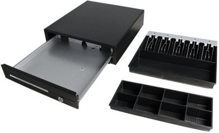 CK410 Cash Drawer Black Front, 410x420x100mm, 24V Solenoid for Receipt Printer connection, 4 Notes, 8 Coins</br>