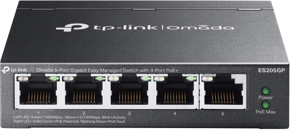 •	5× 10/100/1000Mbps RJ45 ports (4× 802.3at/af-compliant PoE+)</br>•	65W Power Budget, with up to 30W for each PoE port*</br>•	Easy to Use: Supports plug-and-play for instant connectivity and simple configuration for additional features</br>•	Centralised Cloud Management via the web or the Omada app†</br>•	Up to 250m PoE**, QoS?, PoE Auto Recovery‡, and Port Isolation for reliable surveillance networking</br>•	Automatic Loop Prevention, VLAN, and IGMP Snooping</br>•	Fanless design for silent operation</br>•	Durable metal casing and desktop/wall mounting design</br>