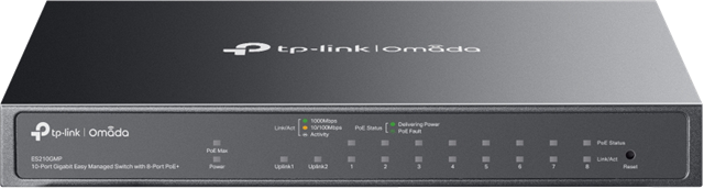 •	8× Gigabit 802.3at/af-compliant PoE+, 1x Gigabit RJ-45, 1x Combo Gigabit RJ-45/SFP</br>•	123W Power Budget, with up to 30W for each PoE port</br>•	Easy to Use: Supports plug-and-play for instant connectivity and simple configuration for additional features</br>•	Centralised Cloud Management via the web or the Omada app</br>•	Up to 250m PoE**, QoS, PoE Auto Recovery, and Port Isolation for reliable surveillance networking</br>•	Automatic Loop Prevention, VLAN, and IGMP Snooping</br>•	Fanless design for silent operation</br>•	Durable metal casing and desktop/wall mounting design</br>