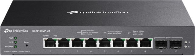 Omada 8-Port 2.5GBASE-T and 2-Port 10GE SFP+ Smart Switch with 8-Port PoE+</br>PORT: 8× 2.5G PoE+ Ports, 2× 10G SFP+ Slots</br>SPEC: 802.3at/af, 160 W PoE Power, Desktop & Fanless Steel Case</br>FEATURE: Integration with Omada SDN Controller, Static Routing, 802.1Q VLAN, STP/RSTP/MSTP, IGMP Snooping, 802.1p/DSCP QoS, ACL, 802.1x, Radius/Tacacs+ Authentication, LACP, CLI, SNMP, Dual Image, IPv6"</br>
