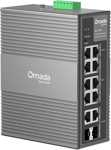 •	8× Gigabit RJ45 Ports (2× PoE++, 6× PoE+)</br>•	2× Gigabit Combo RJ45/SFP Slots</br>•	240W Power Budget* with up to 60W for Each PoE++ Port</br>•	Professional Industrial-Grade Design: -40~75°C Operating Temperature, 6kV Lighting Protection, and 1+1 Redundant Power Input</br>•	Abundant Features: Up to 820ft (250m) PoE,** VLAN, QoS, and STP/RSTP</br>•	Centralised Cloud Management via the Web or Omada App†</br>•	Durable IP40 Aluminum Casing and DIN-rail / Wall-mount Design</br>