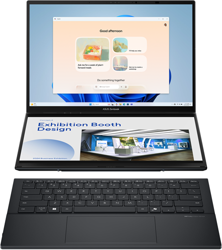 ASUS Zenbook Duo OLED,  14” 3K (2880 x 1800) OLED 16:10, Toch Screen, 400nits, Glossy display, Intel® Core™ Ultra 9 Processor 285H 2.9 GHz (24MB Cache, up to 5.4 GHz, 16 cores, 16 Threads); LPDDR5X 32GB On board, 1TB M.2 NVMe™ PCIe® 4.0 SSD, FHD camera with IR function to support Windows Hello, Wi-Fi 7(802.11be) (Tri-band)2*2 + Bluetooth® 5.4 Wireless Card, Precision touchpad, 1x USB 3.2 Gen 1 Type-A (data speed up to 5Gbps), 2x Thunderbolt™ 4 with support for display / power delivery (data speed up to 40Gbps), 1x HDMI 2.1 TMDS, 1x 3.5mm Combo Audio Jack, Soft Keyboard, 1.65KG, Stylus (ASUS Pen SA203H-MPP2.0 support), Sleeve Included in box, Inkwell Gray, Windows 11 Home.