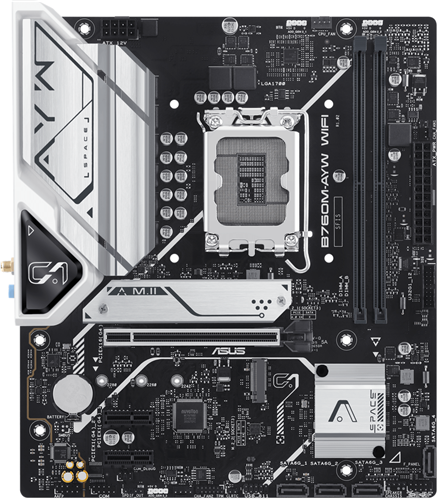 ASUS B760M-AYW WIFI, an Intel® B760 LGA 1700 mATX motherboard with PCIe 4.0, two PCIe 4.0 M.2 slots, DDR5, Realtek 2.5Gb Ethernet, WiFi 6, HDMI™, SATA 6 Gbps, front USB 3.2 Gen 1, Aura Sync