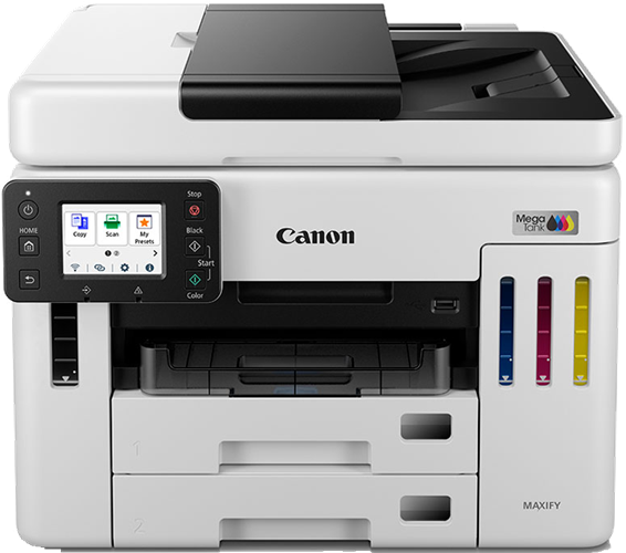 Print/Copy/Scan/Fax, USB/Ethernet/WiFi, 24 ipm (Mono), 15.5 ipm (Colour), Dual 250-sheet Paper Trays. ADF with Auto Duplex Scanning, Cartridge-free Ink Tank System, Refill Bottles: Black GI66 (6000pages); Colour ink GI66C/GI66M/GI66Y (14000 pages)