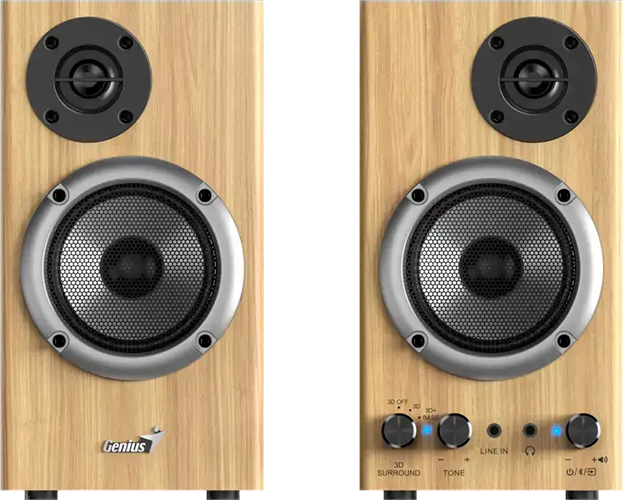 Two Piece Bluetooth Wooden Speakers - Pine Wood Coloured</br>20 watts (RMS), 3D Surround Sound</br>Headphone Jack</br>