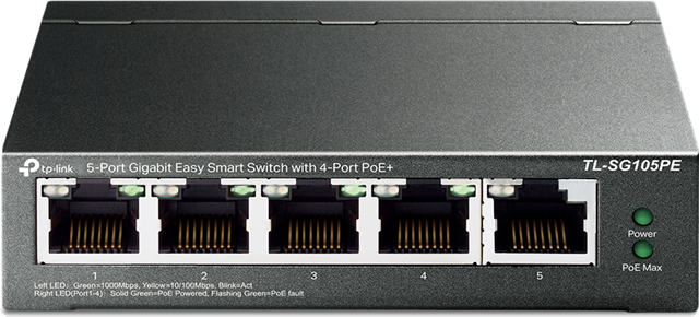 </br>    Five 10/100/1000Mbps RJ45 ports </br>    Equipped with four 802.3af/at PoE+ ports with up to 30W for each port, data, and power can be transferred on one single cable</br>    Supports PoE power up to 65 W for all PoE ports*</br>    Provides network monitoring, traffic prioritization, VLAN features, and PoE Auto Recovery</br>    Simple network set-up on top of plug-and-play connectivity</br>    Web-based user interface and Easy Smart Configuration Utility simplify configuration</br>    Fanless design lowers energy consumption and eliminates operating noise</br>