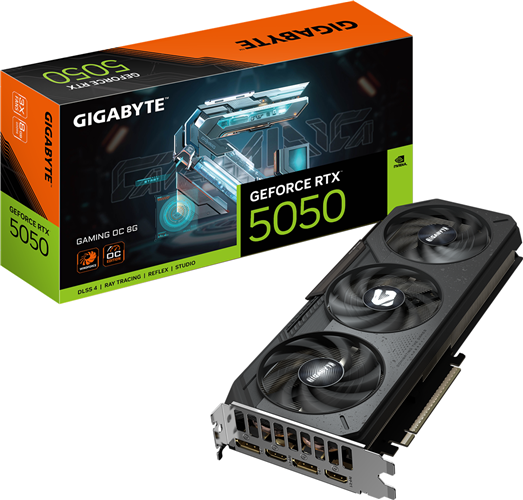 GV-N5050GAMING OC-8GD, 8GB GDDR6 Memory, PCIE 5.0, ATX, 550w recommended PSU, 2* DisplayPort 2.1b, 2* HDMI 2.1b, WINDFORCE 3X, 20000 MHz Mem Clock, 2632 MHz Core Clock</br>